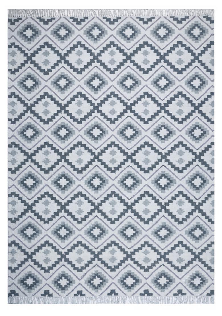 Saffron Rugs Flat Woven Light Grey  Bohemian Rectangular Wool Area Rug - Indya