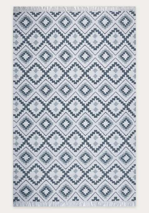 100% Wool Handmade Light Grey Rug | Bohemian Aztecs Flat Weave Reversible Carpet For Living Room