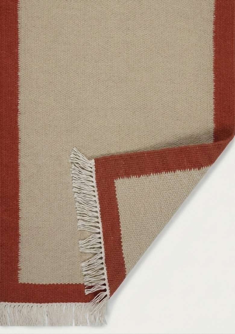 100% Wool Handmade Beige Rug | Casual Kilim Flat Weave Reversible Carpet For Living Room - Indya