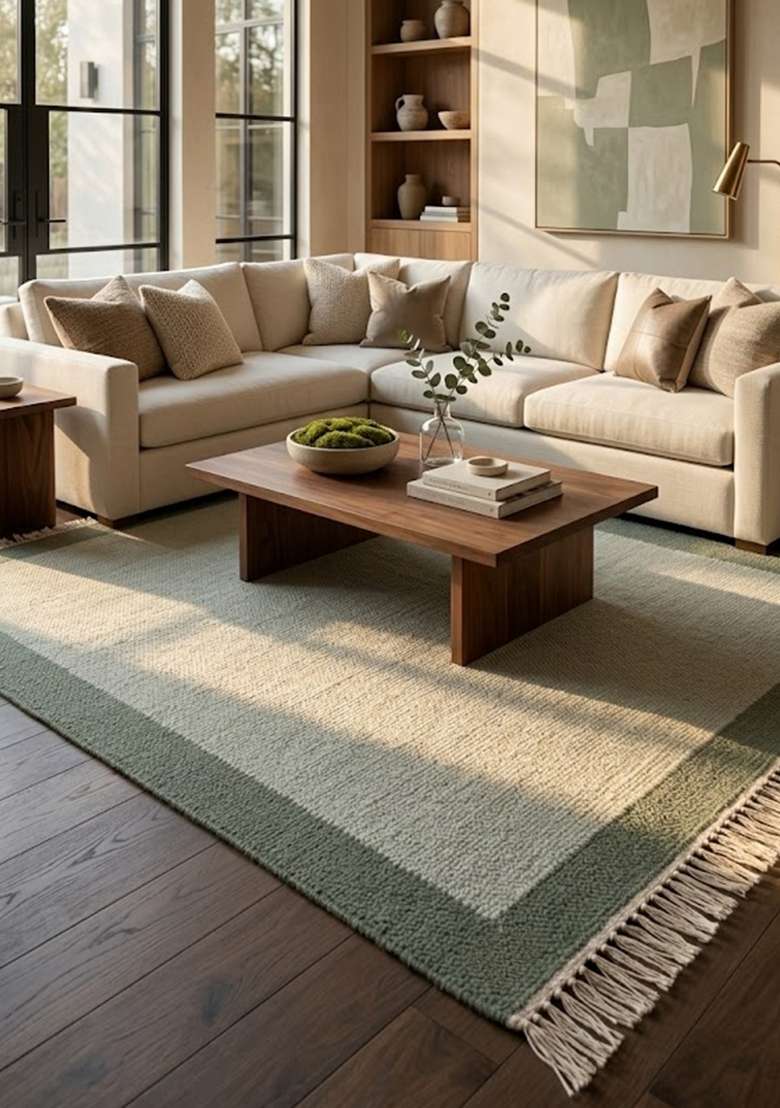 100% Wool Handmade Sage Green Rug | Minimalist Solid Flat Weave Reversible Carpet For Living Room - Indya