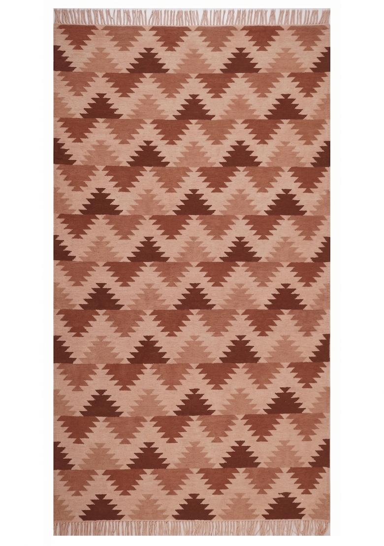 Saffron Rugs Flat Woven Terracotta Brown Geometric Bohemian Rectangular Wool Area Rug - Indya