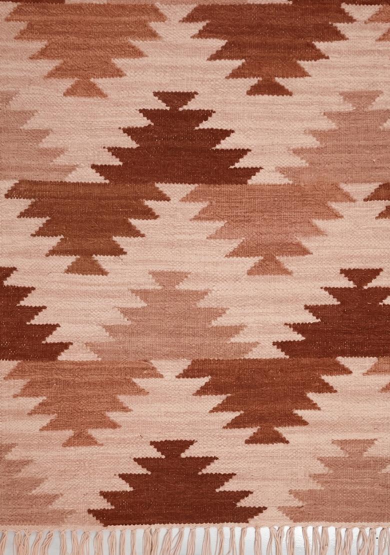 Saffron Rugs Flat Woven Terracotta Brown Geometric Bohemian Rectangular Wool Area Rug - Indya