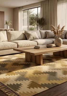 Saffron Rugs Flat Woven Mustard Yellow Geometric Bohemian Rectangular Wool Area Rug