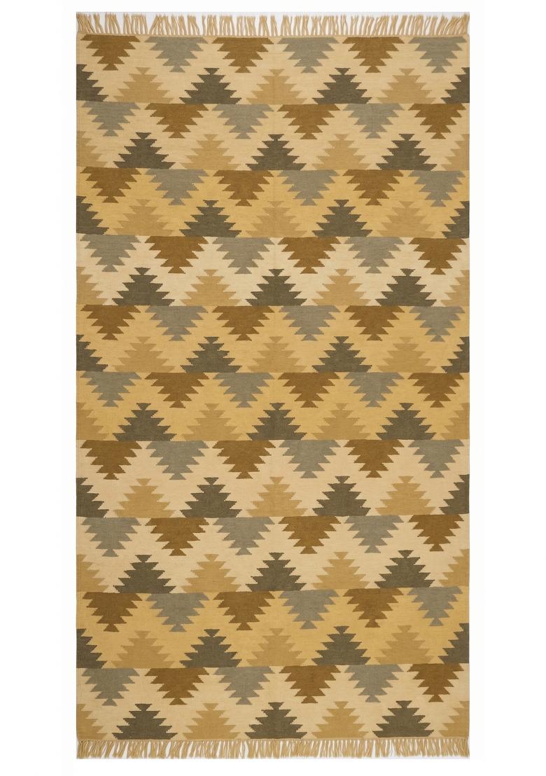 Saffron Rugs Flat Woven Mustard Yellow Geometric Bohemian Rectangular Wool Area Rug - Indya