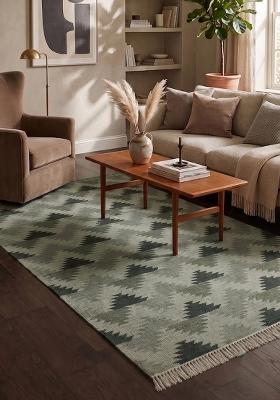 Saffron Rugs Flat Woven Sage Green Geometric Bohemian Rectangular Wool Area Rug