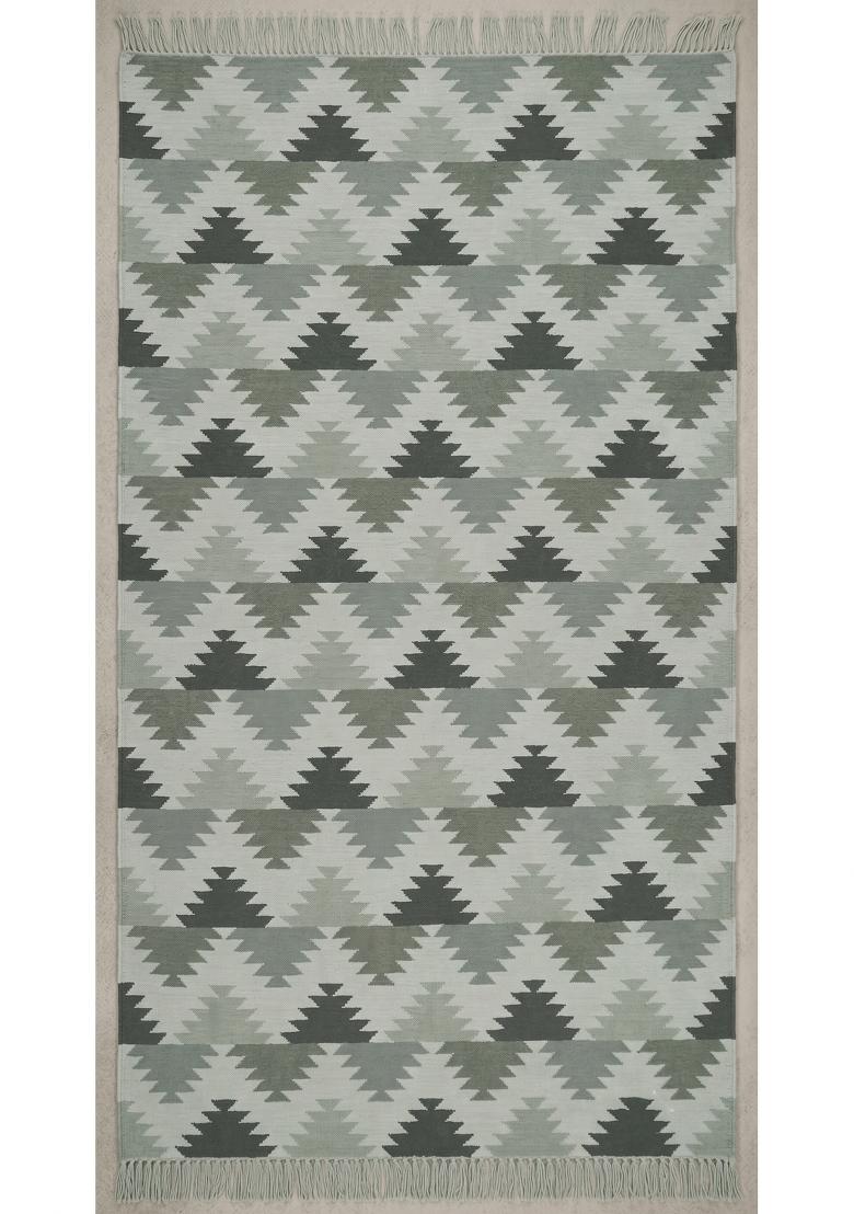 Saffron Rugs Flat Woven Sage Green Geometric Bohemian Rectangular Wool Area Rug - Indya