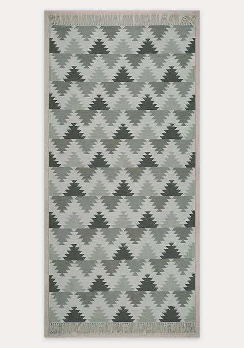 100% Wool Handmade Sage Green Rug | Bohemian Geometric Flat Weave Reversible Carpet For Living Room