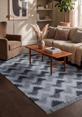 Saffron Rugs Flat Woven Grey Blue Geometric Bohemian Rectangular Wool Area Rug