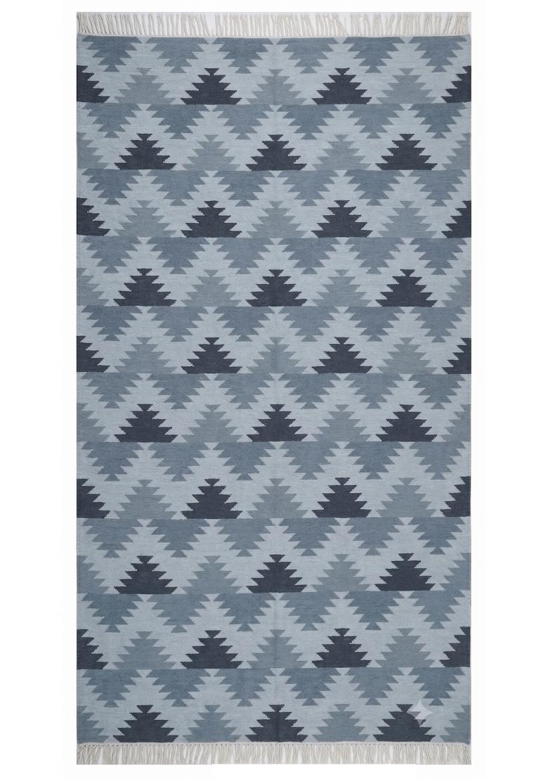 Saffron Rugs Flat Woven Grey Blue Geometric Bohemian Rectangular Wool Area Rug - Indya