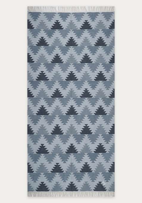 100% Wool Handmade Grey Blue Rug | Bohemian Geometric Flat Weave Reversible Carpet For Living Room