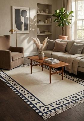 Saffron Rugs Flat Woven Ivory Geometric Bohemian Rectangular Wool Area Rug