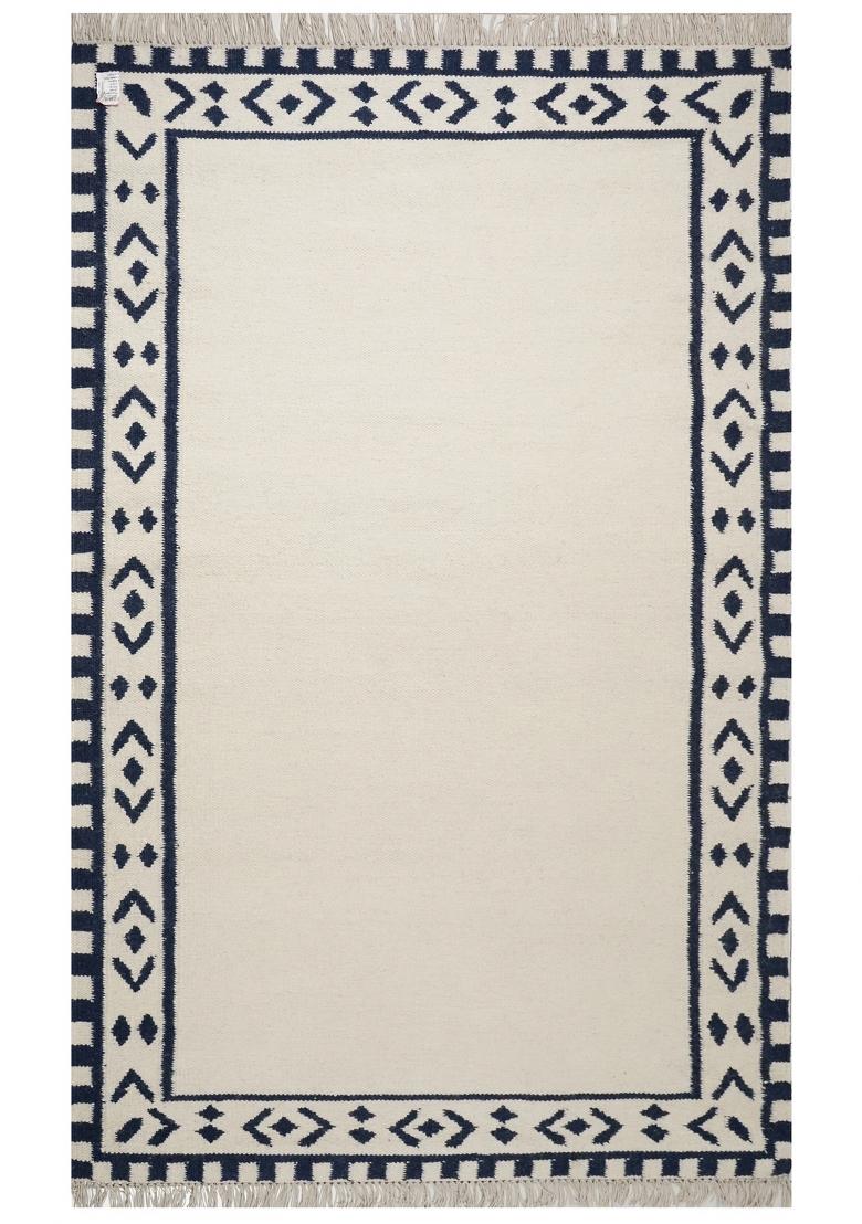 Saffron Rugs Flat Woven Ivory Geometric Bohemian Rectangular Wool Area Rug - Indya