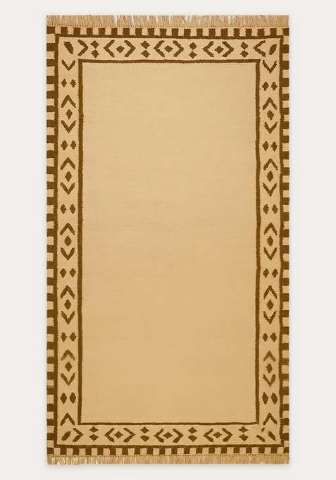 100% Wool Handmade Beige Rug | Bohemian Geometric Flat Weave Reversible Carpet For Living Room