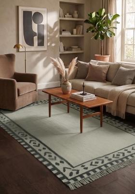 Saffron Rugs Flat Woven Sage Green Geometric Bohemian Rectangular Wool Area Rug