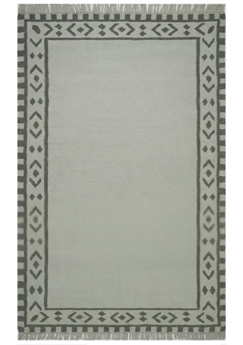 Saffron Rugs Flat Woven Sage Green Geometric Bohemian Rectangular Wool Area Rug - Indya