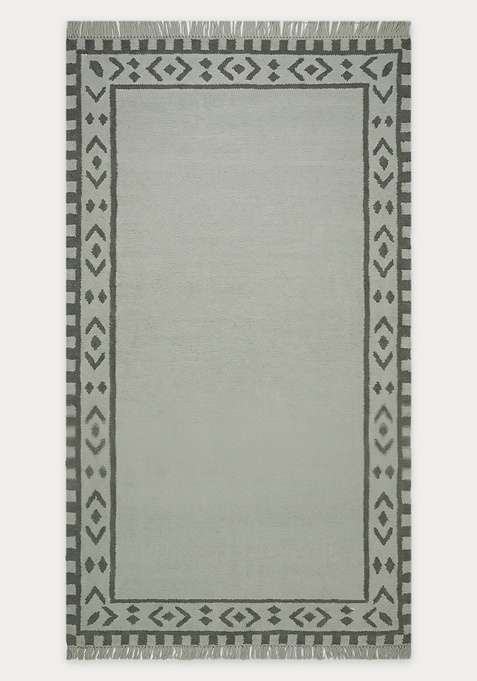 100% Wool Handmade Sage Green Rug | Bohemian Geometric Flat Weave Reversible Carpet For Living Room