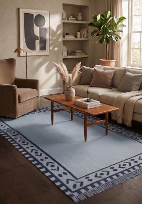 Saffron Rugs Flat Woven Light Blue Geometric Bohemian Rectangular Wool Area Rug