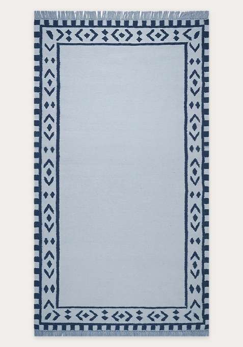 100% Wool Handmade Light Blue Rug | Bohemian Geometric Flat Weave Reversible Carpet For Living Room