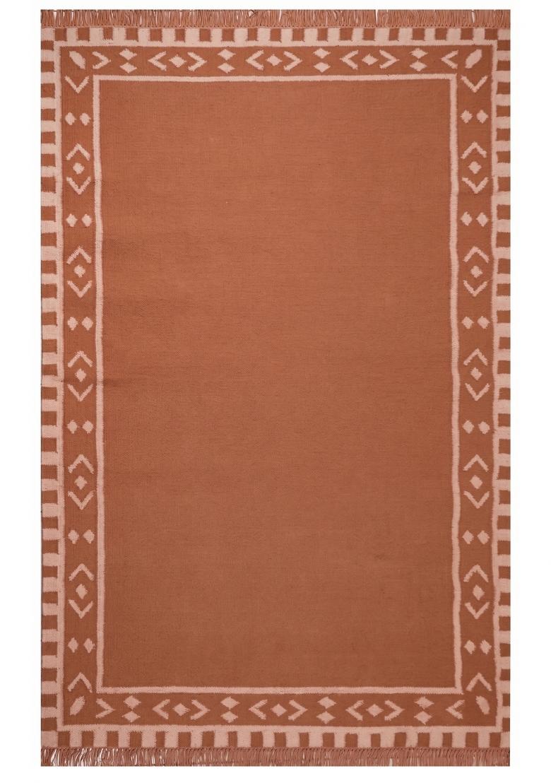 Saffron Rugs Flat Woven Terracotta Geometric Bohemian Rectangular Wool Area Rug - Indya