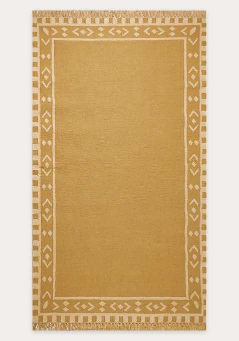 100% Wool Handmade Mustard Yellow Rug | Bohemian Geometric Flat Weave Reversible Carpet For Living Room