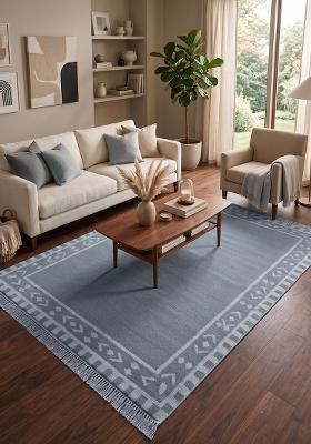 Saffron Rugs Flat Woven Slate Blue Grey Geometric Bohemian Rectangular Wool Area Rug