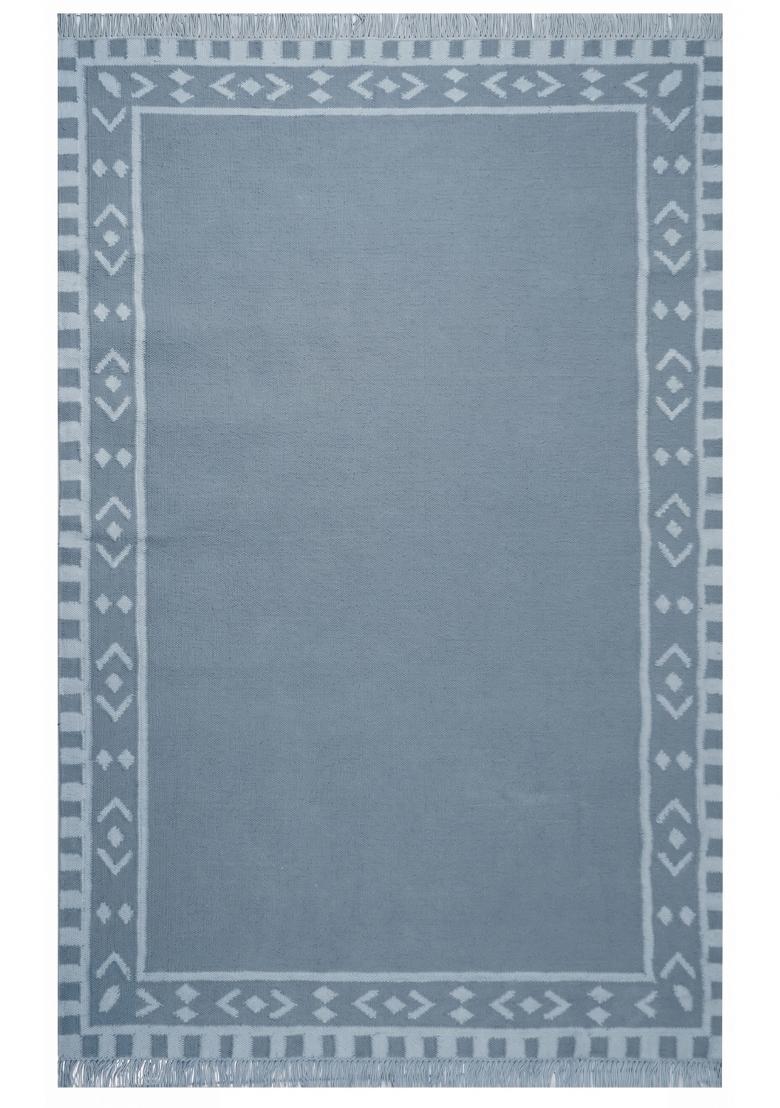 Saffron Rugs Flat Woven Slate Blue Grey Geometric Bohemian Rectangular Wool Area Rug - Indya