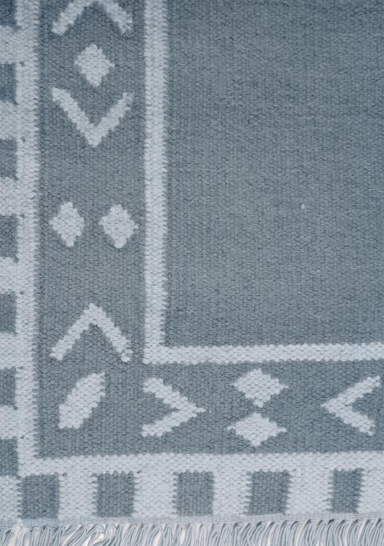 Saffron Rugs Flat Woven Slate Blue Grey Geometric Bohemian Rectangular Wool Area Rug - Indya