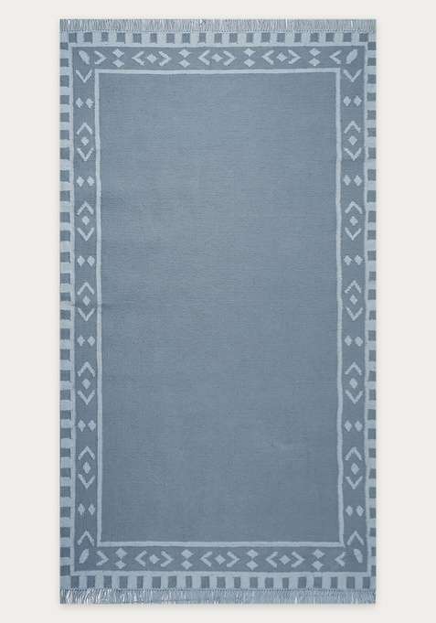 100% Wool Handmade Slate Blue Grey Rug | Bohemian Geometric Flat Weave Reversible Carpet For Living Room