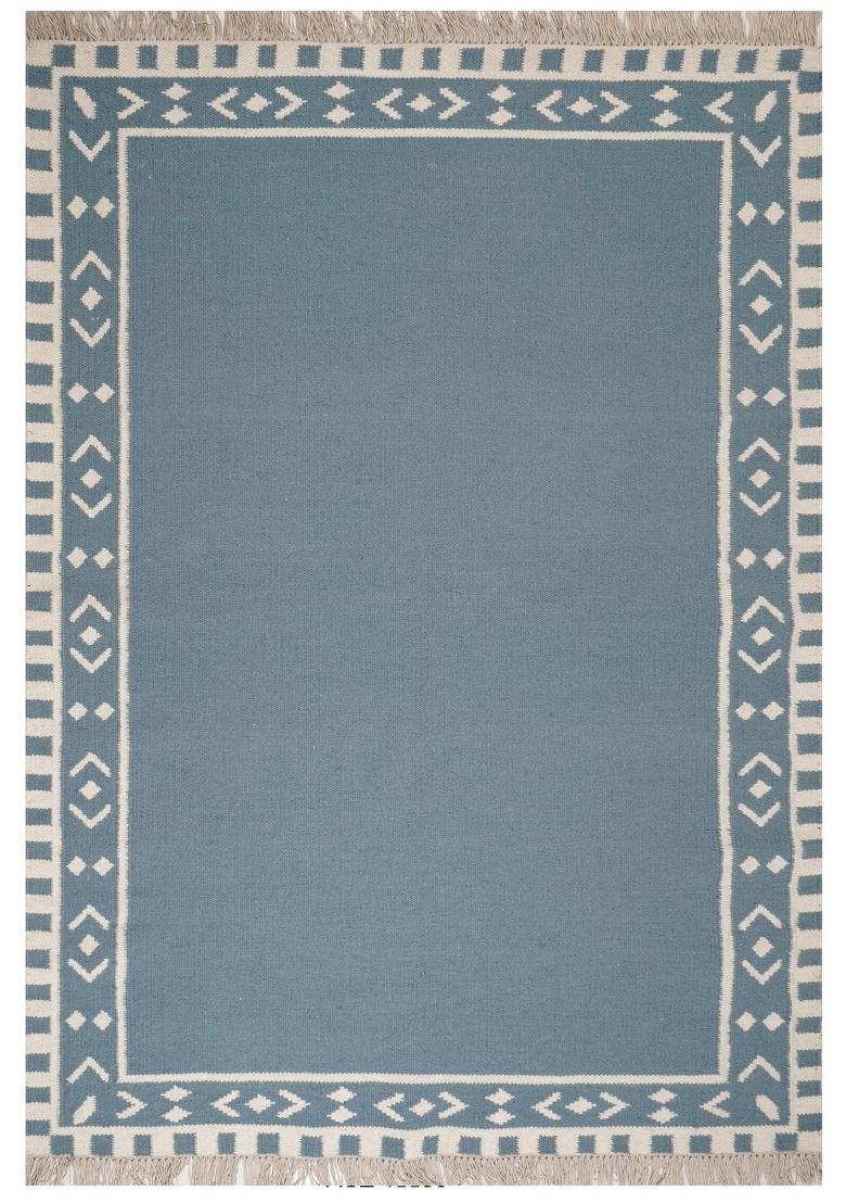 Saffron Rugs Flat Woven Blue Geometric Bohemian Rectangular Wool Area Rug - Indya
