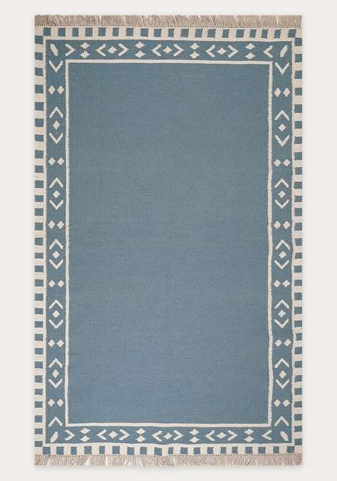 100% Wool Handmade Blue Rug | Bohemian Geometric Flat Weave Reversible Carpet For Living Room