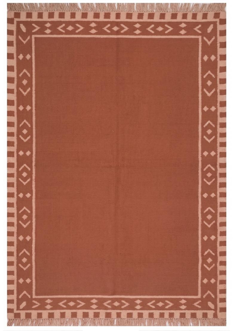 Saffron Rugs Flat Woven Terracotta Geometric Bohemian Rectangular Wool Area Rug - Indya