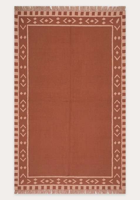 100% Wool Handmade Terracotta Rug | Bohemian Geometric Flat Weave Reversible Carpet For Living Room