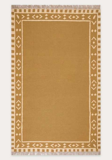 100% Wool Handmade Mustard Yellow Rug | Bohemian Geometric Flat Weave Reversible Carpet For Living Room