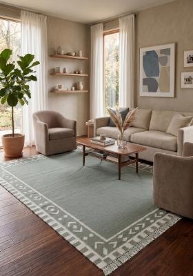 Saffron Rugs Flat Woven Sage Green Geometric Bohemian Rectangular Wool Area Rug
