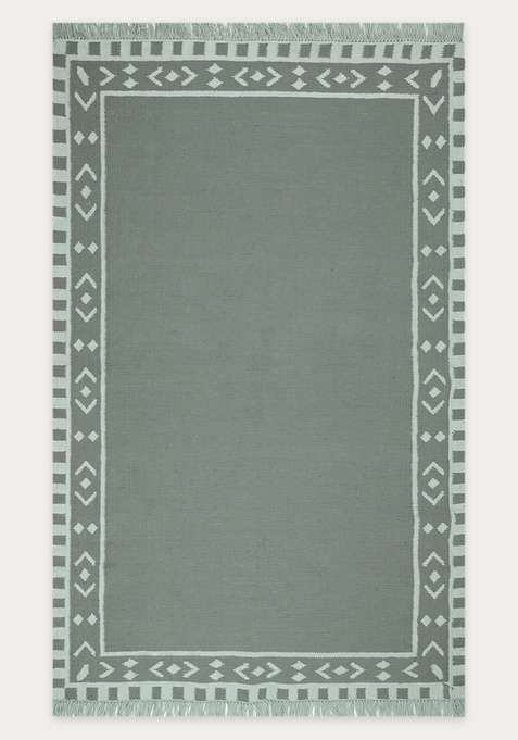 100% Wool Handmade Sage Green Rug | Bohemian Geometric Flat Weave Reversible Carpet For Living Room