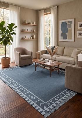 Saffron Rugs Flat Woven Slate Blue Geometric Bohemian Rectangular Wool Area Rug