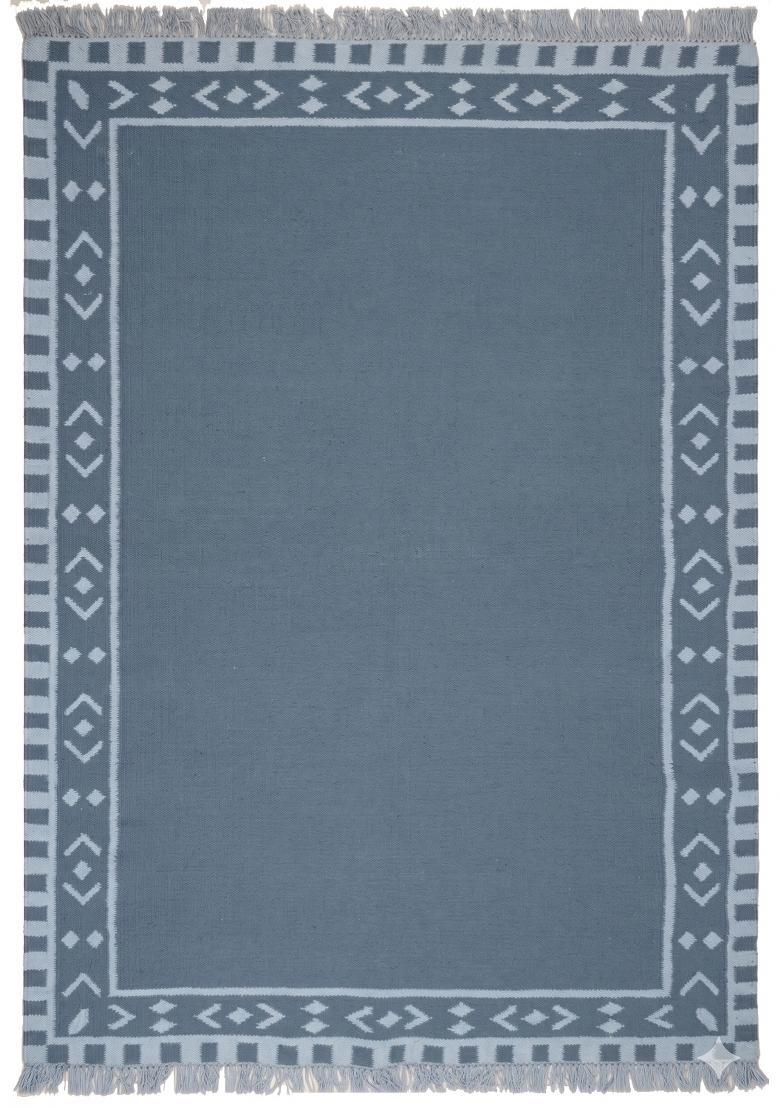 Saffron Rugs Flat Woven Slate Blue Geometric Bohemian Rectangular Wool Area Rug - Indya