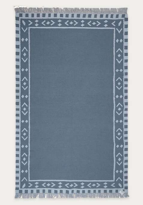 100% Wool Handmade Slate Blue Rug | Bohemian Geometric Flat Weave Reversible Carpet For Living Room