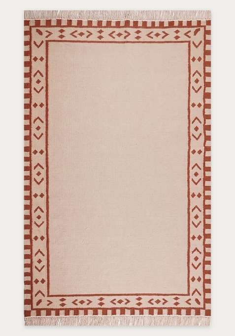 100% Wool Handmade Cream Rug | Bohemian Geometric Flat Weave Reversible Carpet For Living Room