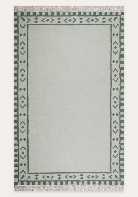 100% Wool Handmade Sage Green Rug | Bohemian Geometric Flat Weave Reversible Carpet For Living Room