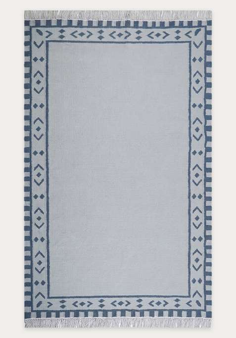 100% Wool Handmade Light Blue Rug | Bohemian Geometric Flat Weave Reversible Carpet For Living Room