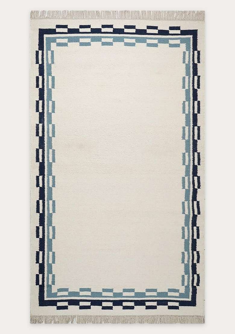 100% Wool Handmade Off White Rug | Contemporary Abstract Flat Weave Reversible Carpet For Living Room - Indya