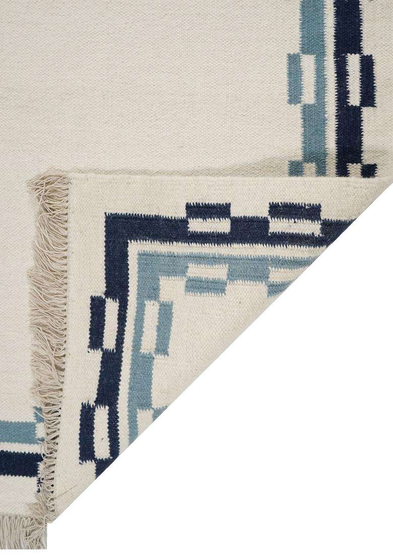 100% Wool Handmade Off White Rug | Contemporary Abstract Flat Weave Reversible Carpet For Living Room - Indya