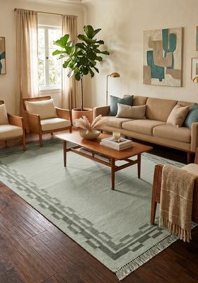 Saffron Rugs Flat Woven Sage Green  Contemporary Rectangular Wool Area Rug