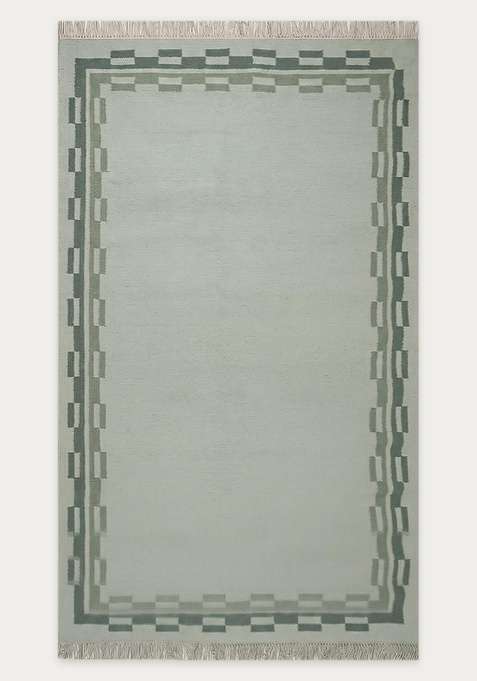 100% Wool Handmade Sage Green Rug | Contemporary Abstract Flat Weave Reversible Carpet For Living Room