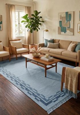 Saffron Rugs Flat Woven Light Blue  Contemporary Rectangular Wool Area Rug