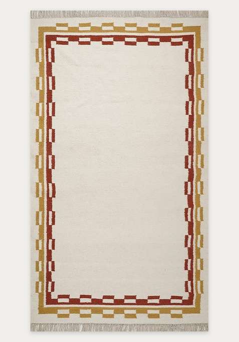 100% Wool Handmade Ivory Rug | Contemporary Abstract Flat Weave Reversible Carpet For Living Room