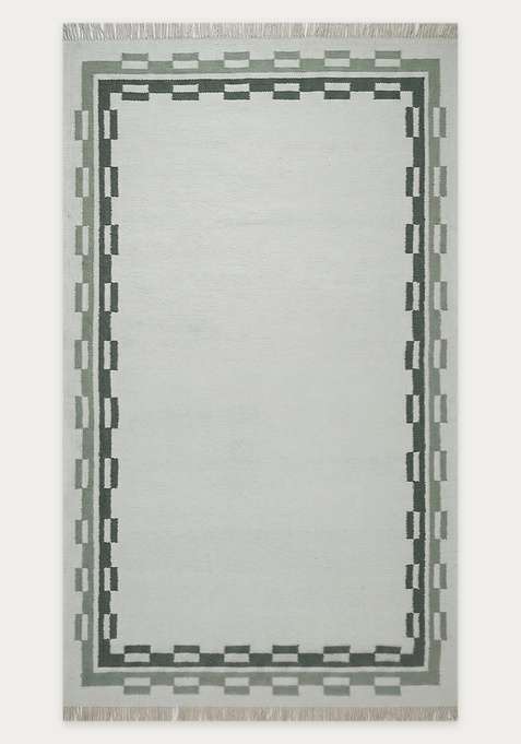100% Wool Handmade Sage Green Rug | Contemporary Abstract Flat Weave Reversible Carpet For Living Room