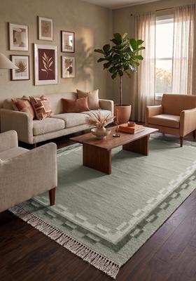 Saffron Rugs Flat Woven Sage Green  Contemporary Rectangular Wool Area Rug