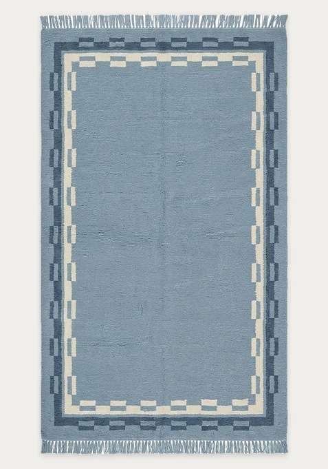 100% Wool Handmade Dusty Blue Rug | Contemporary Abstract Flat Weave Reversible Carpet For Living Room